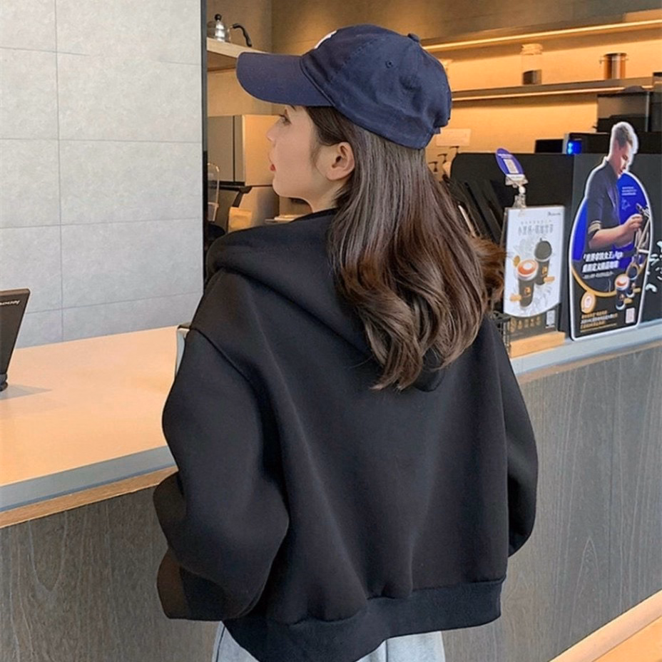 Áo Khoác Nữ Croptop Chất Vải Nỉ Trơn Dây Kéo Có Nón Cao Cấp - Htm Fashion - Ảnh 3