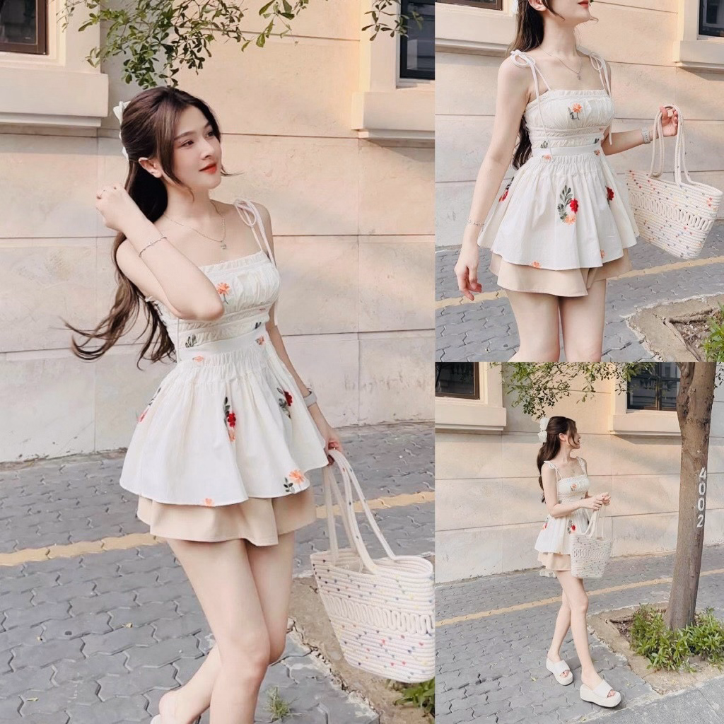 Set Chân Váy Dập Ly(Có Lót) Mix Áo 2 Dây Dập Hoa Chạy Mocking Thân Sau Ug015 - Nana House