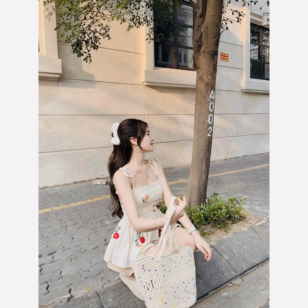 Set Chân Váy Dập Ly(Có Lót) Mix Áo 2 Dây Dập Hoa Chạy Mocking Thân Sau Ug015 - Nana House - Ảnh 4