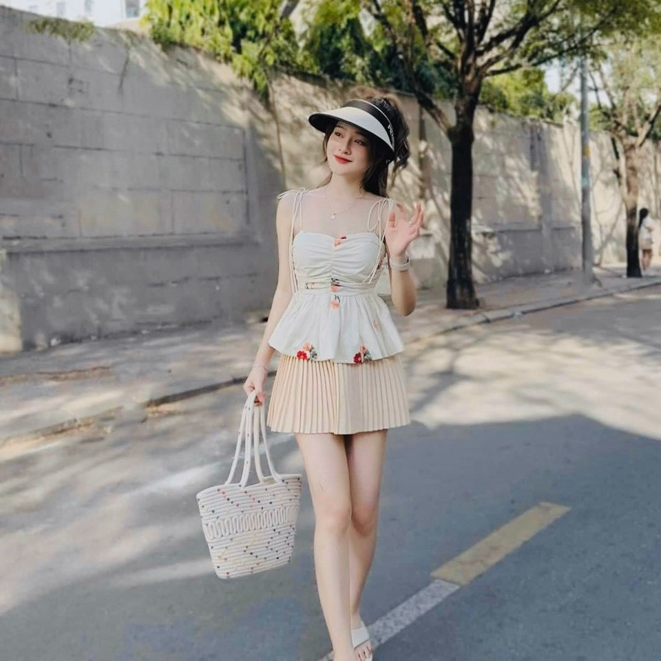 Set Chân Váy Dập Ly(Có Lót) Mix Áo 2 Dây Dập Hoa Chạy Mocking Thân Sau Ug015 - Nana House - Ảnh 2