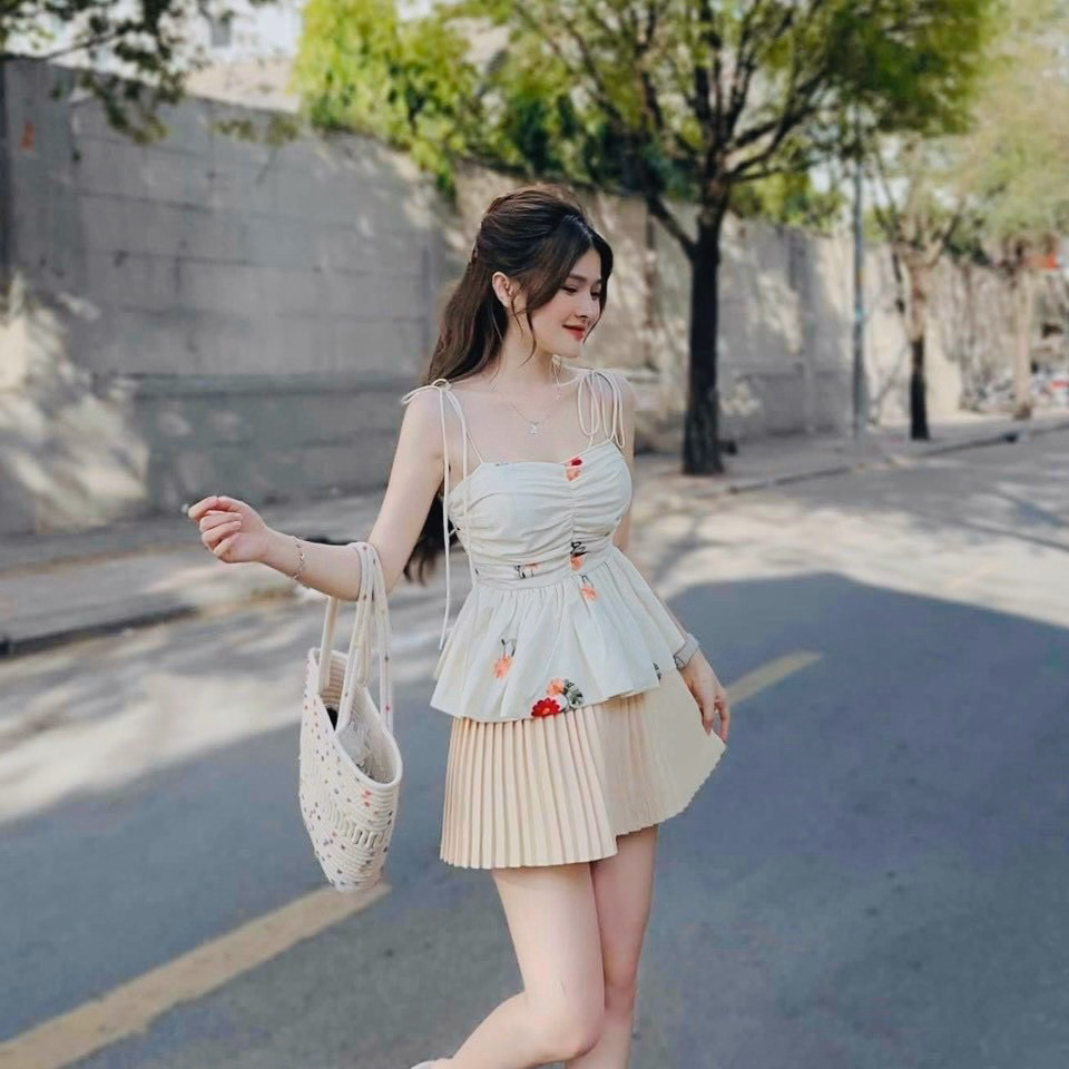 Set Chân Váy Dập Ly(Có Lót) Mix Áo 2 Dây Dập Hoa Chạy Mocking Thân Sau Ug015 - Nana House - Ảnh 5