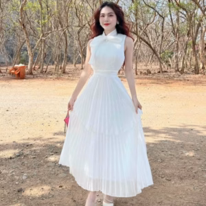 Set Áo Cột Nơ Cổ Vải Tơ Xốp Sọc Mix Chân Váy Dập Ly Ug201 - Nana House