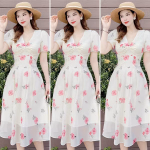Đầm Váy Nữ Voan Tay Phồng Cổ Chữ V Nhún Ngực Ug501 - Nana House