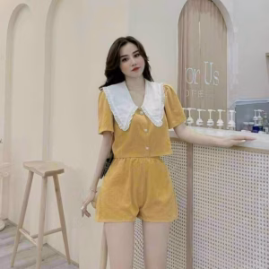 Set Bộ Đồ Đùi Áo Croptop Cổ Sen Tay Ngắn Kèm Quần Short Chất Đũi Nhăn T942 - Aine