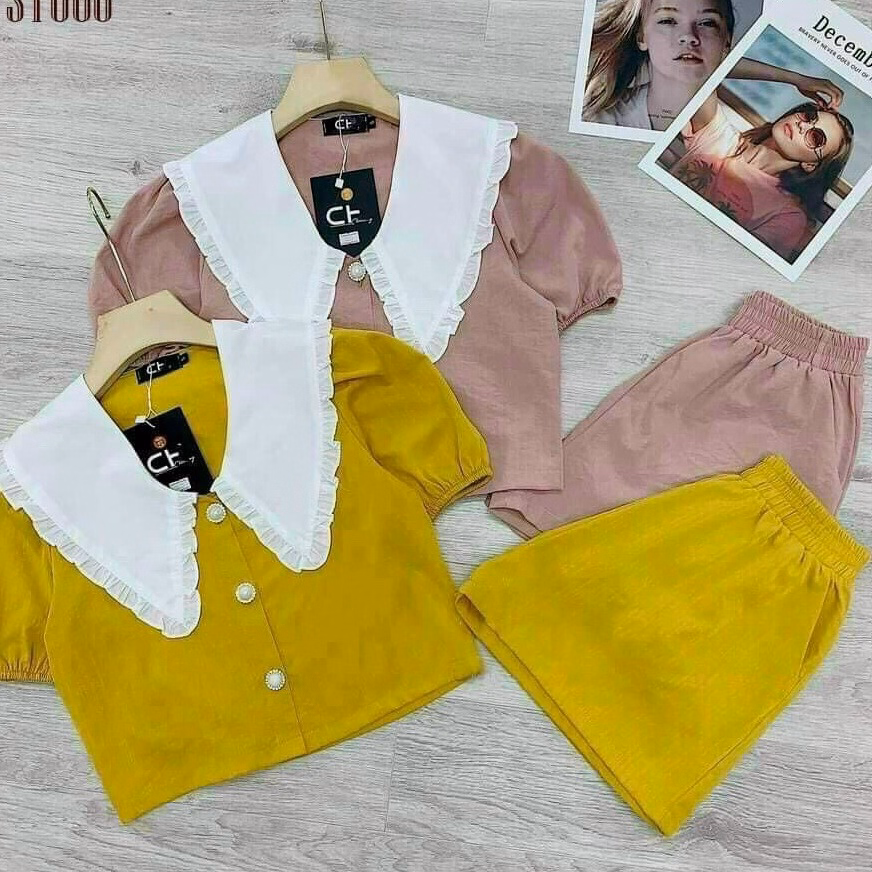Set Bộ Đồ Đùi Áo Croptop Cổ Sen Tay Ngắn Kèm Quần Short Chất Đũi Nhăn T942 - Aine - Ảnh 2