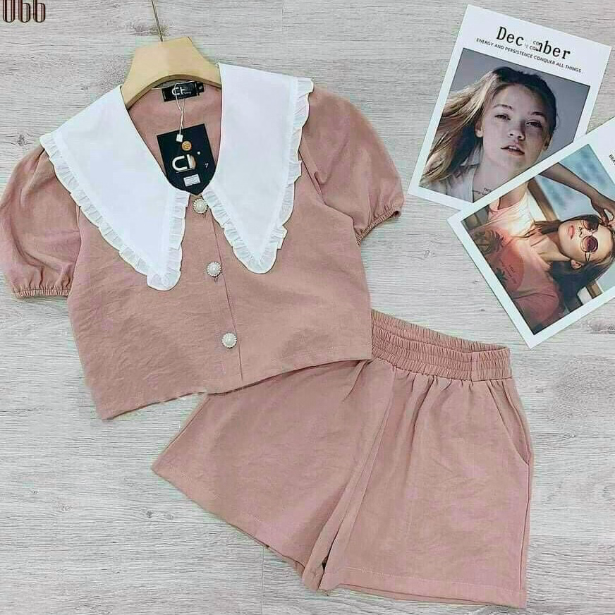 Set Bộ Đồ Đùi Áo Croptop Cổ Sen Tay Ngắn Kèm Quần Short Chất Đũi Nhăn T942 - Aine - Ảnh 4