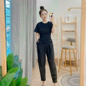 Set Bộ Đồ Nữ Áo Cổ Tròn Tay Ngắn Form Thụng Rút Dây Kèm Quần Dài T944 - Aine