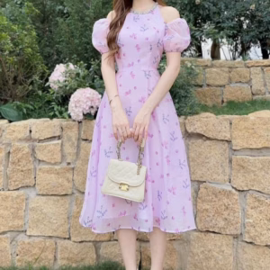 Đầm Váy Nữ Voan In Hoa Tay Phồng Cổ Đính Đá Ug611 - Nana House