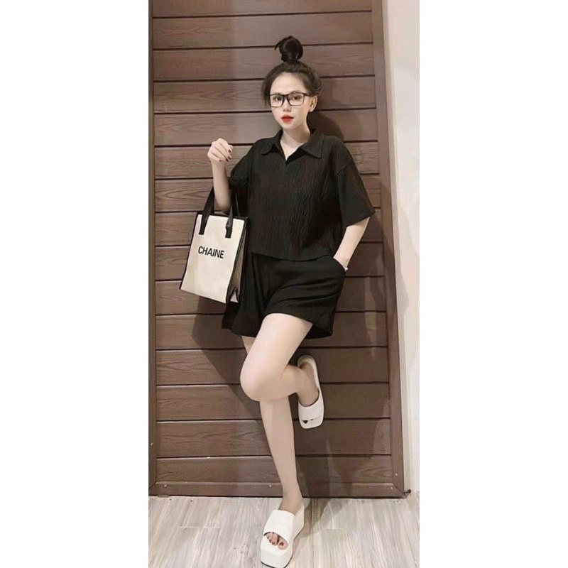 Set Bộ Đồ Đùi Áo Croptop Cổ Polo Kèm Quần Đùi T1008 - Aine - Ảnh 2