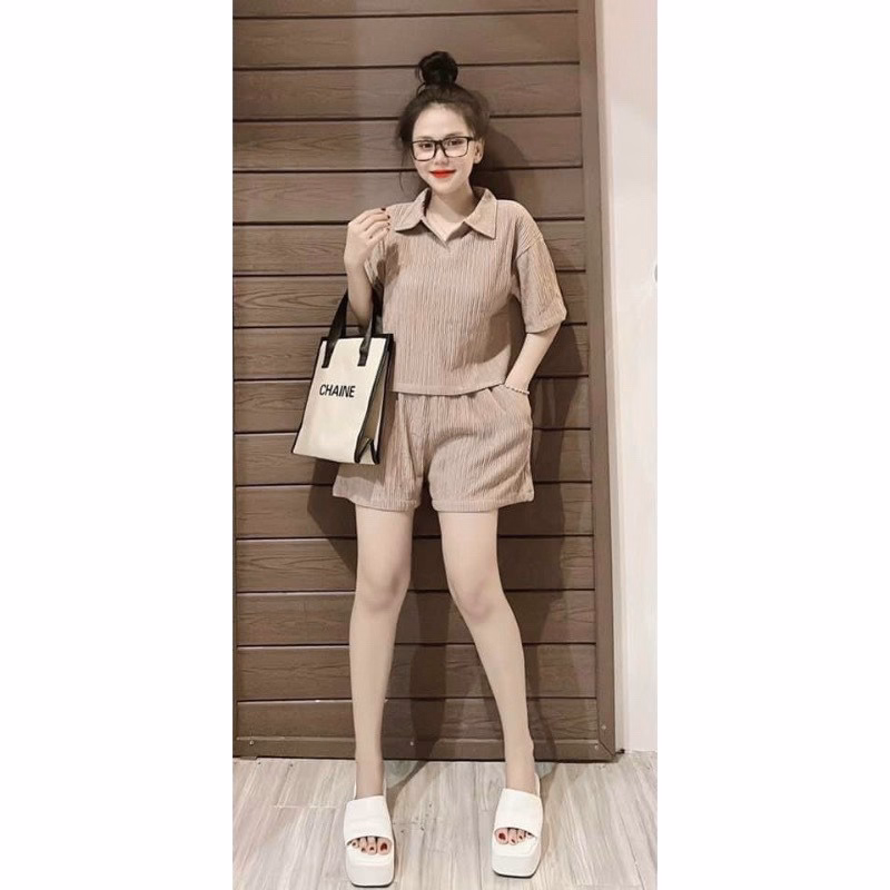 Set Bộ Đồ Đùi Áo Croptop Cổ Polo Kèm Quần Đùi T1008 - Aine