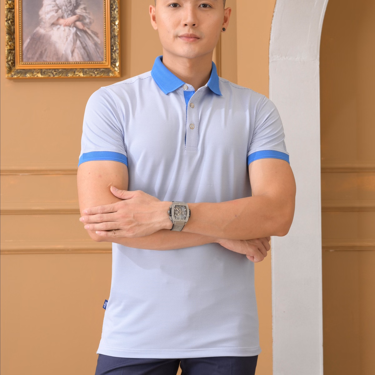 Áo Polo Nam Ngắn Tay Aligro Chất Liệu Cotton Cao Cấp Hoạ Tiết Kiểu Dệt Chữ V Màu Xanh Algplo78 - Aligro - Ảnh 3