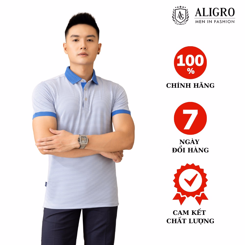 Áo Polo Nam Ngắn Tay Aligro Chất Liệu Cotton Cao Cấp Hoạ Tiết Kiểu Dệt Chữ V Màu Xanh Algplo78 - Aligro