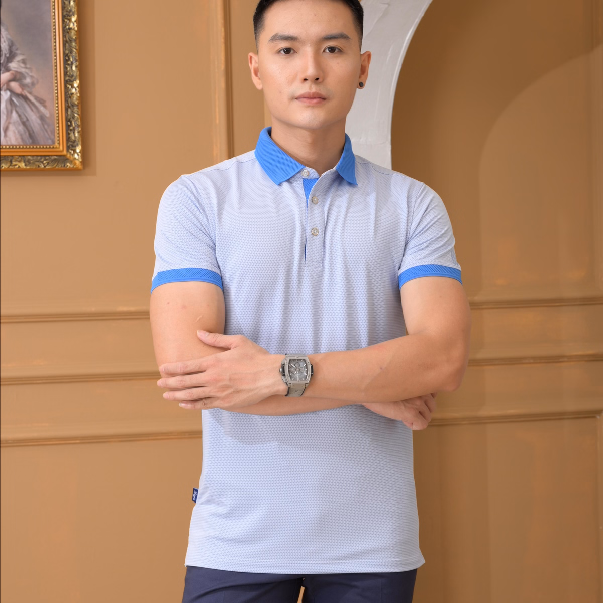 Áo Polo Nam Ngắn Tay Aligro Chất Liệu Cotton Cao Cấp Hoạ Tiết Kiểu Dệt Chữ V Màu Xanh Algplo78 - Aligro - Ảnh 4