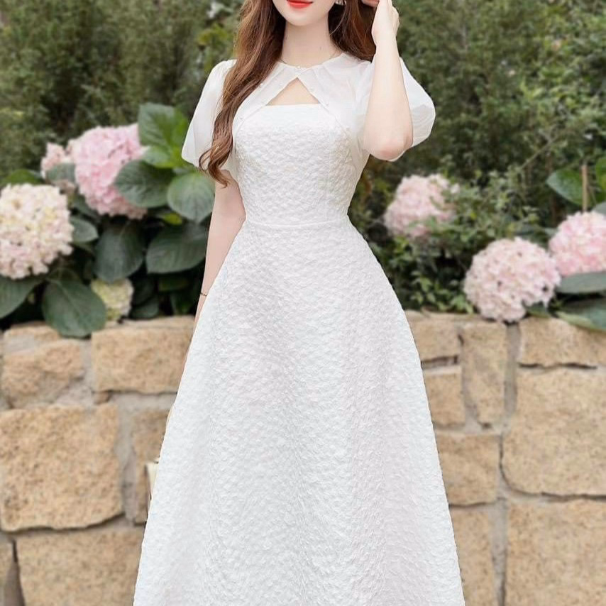 Đầm Váy Nữ Gấm Xốp Tay Phồng Voan Đính Cườm S7- Nana House