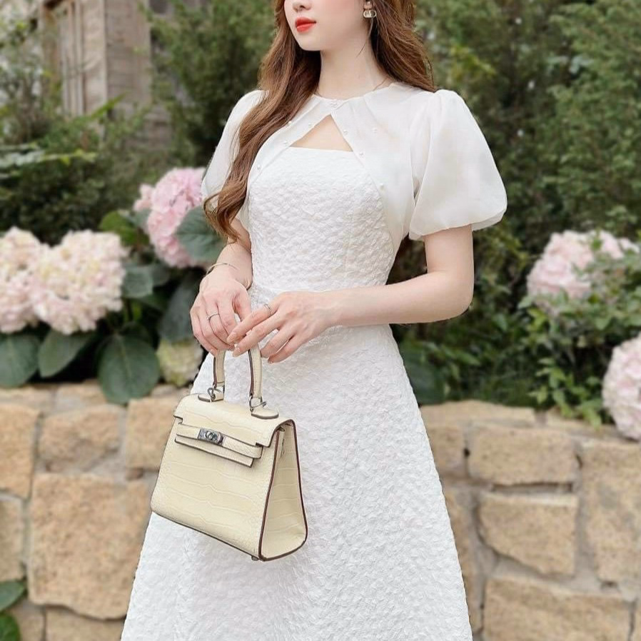 Đầm Váy Nữ Gấm Xốp Tay Phồng Voan Đính Cườm S7- Nana House - Ảnh 2