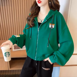 Áo Khoác Croptop Nữ Dây Kéo Logo Thỏ Chất Thun Nỉ Trơn Có Nón Dễ Thương