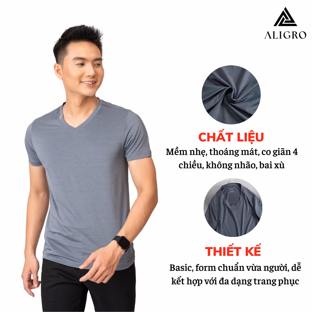 Áo Thun Nam Cổ Tròn Màu Ghi Kiểu Dáng Thể Thao Thấm Hút Tốt Co Giãn Thoải Mái Algapc053 - Aligro - Ảnh 2