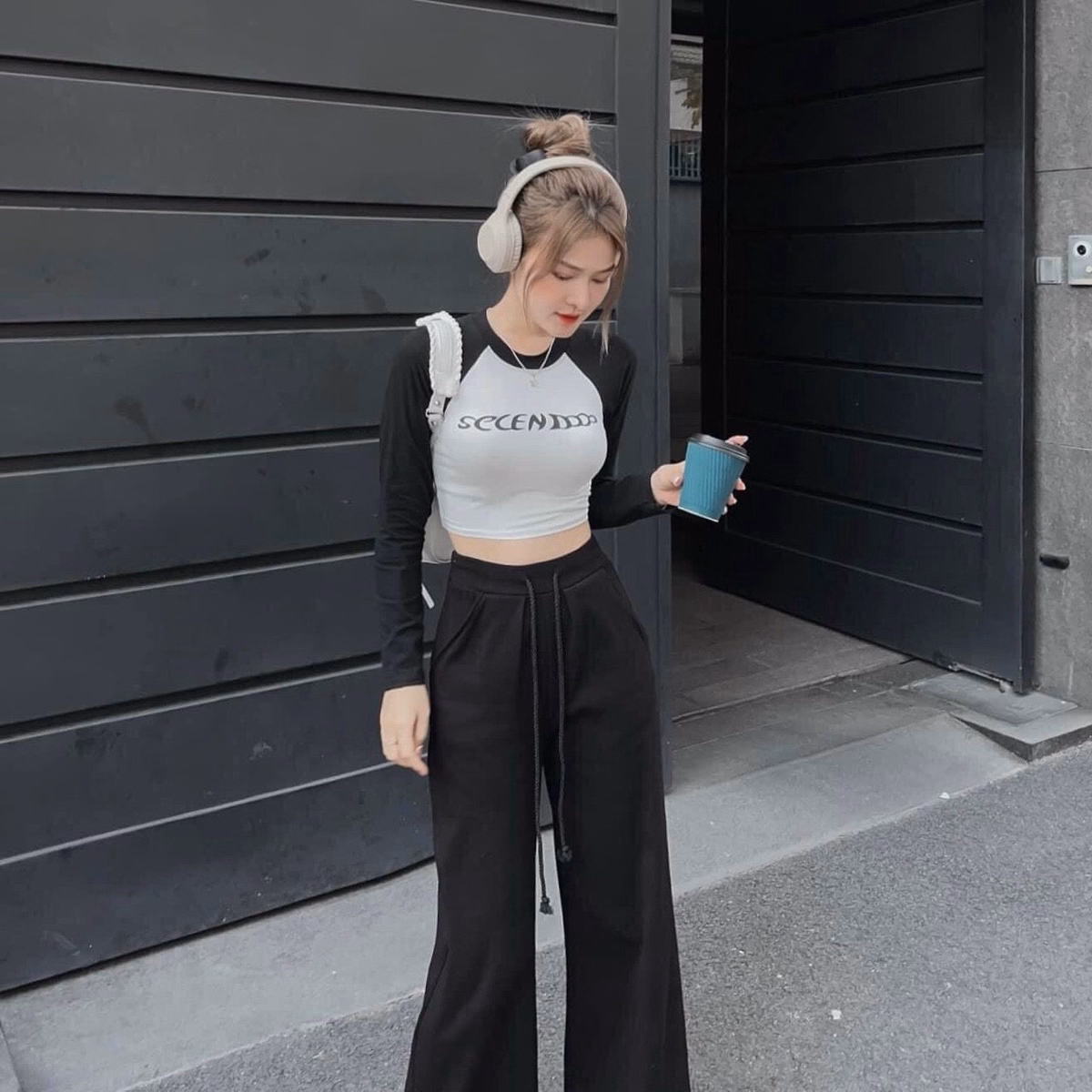 Set Bộ Đồ Nữ Thun Dài Tay Crotop Mix Quần Ống Rộng Cá Tính Dd909 - Nana House - Ảnh 4