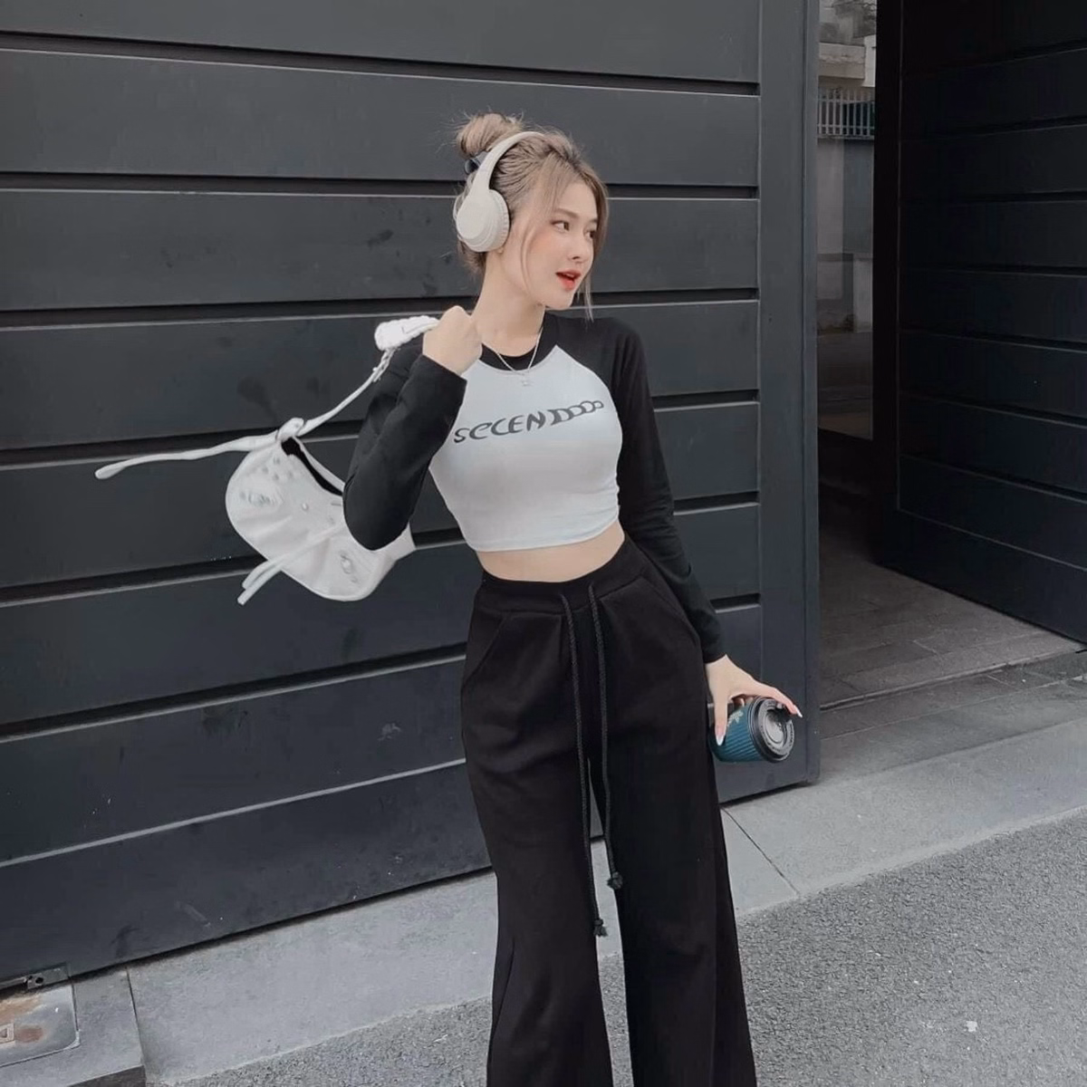 Set Bộ Đồ Nữ Thun Dài Tay Crotop Mix Quần Ống Rộng Cá Tính Dd909 - Nana House - Ảnh 7