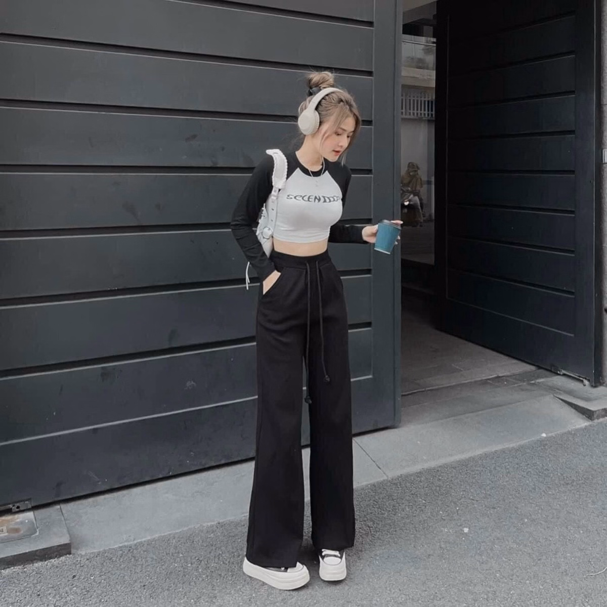 Set Bộ Đồ Nữ Thun Dài Tay Crotop Mix Quần Ống Rộng Cá Tính Dd909 - Nana House - Ảnh 6