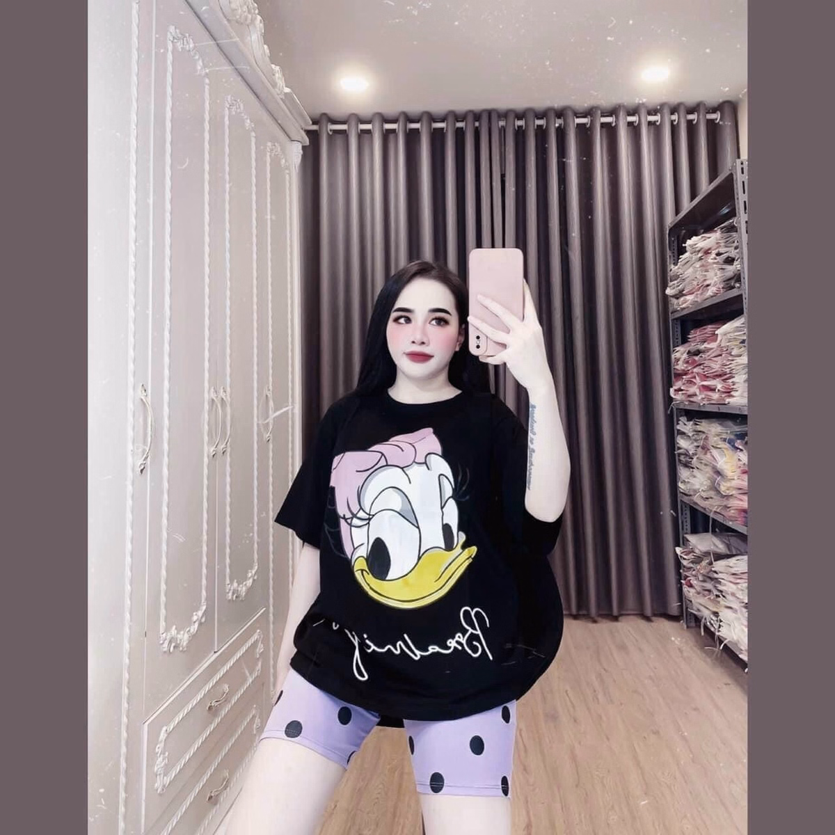 Set Đồ Nữ Áo Vịt Donald Quần Lửng Chấm Bi - Ausa House - Ảnh 2