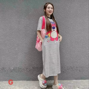 Đầm Nữ Suông Thun Cotton Gấu Hồng Kẻ Sọc Ngang Viền Đen - Ausa House