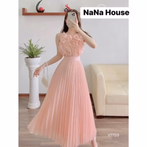 Đầm Váy Nữ Maxi Xòe Dập Ly Bèo Phối Voan Chinfon (Có Lót) Dd012 - Nana House