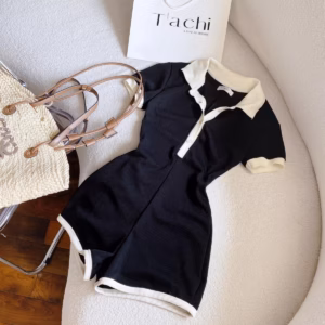 Jumpsuit Thun Gân Trơn Phối Viền Trắng Cổ Cao Tay Lỡ - Ausa House