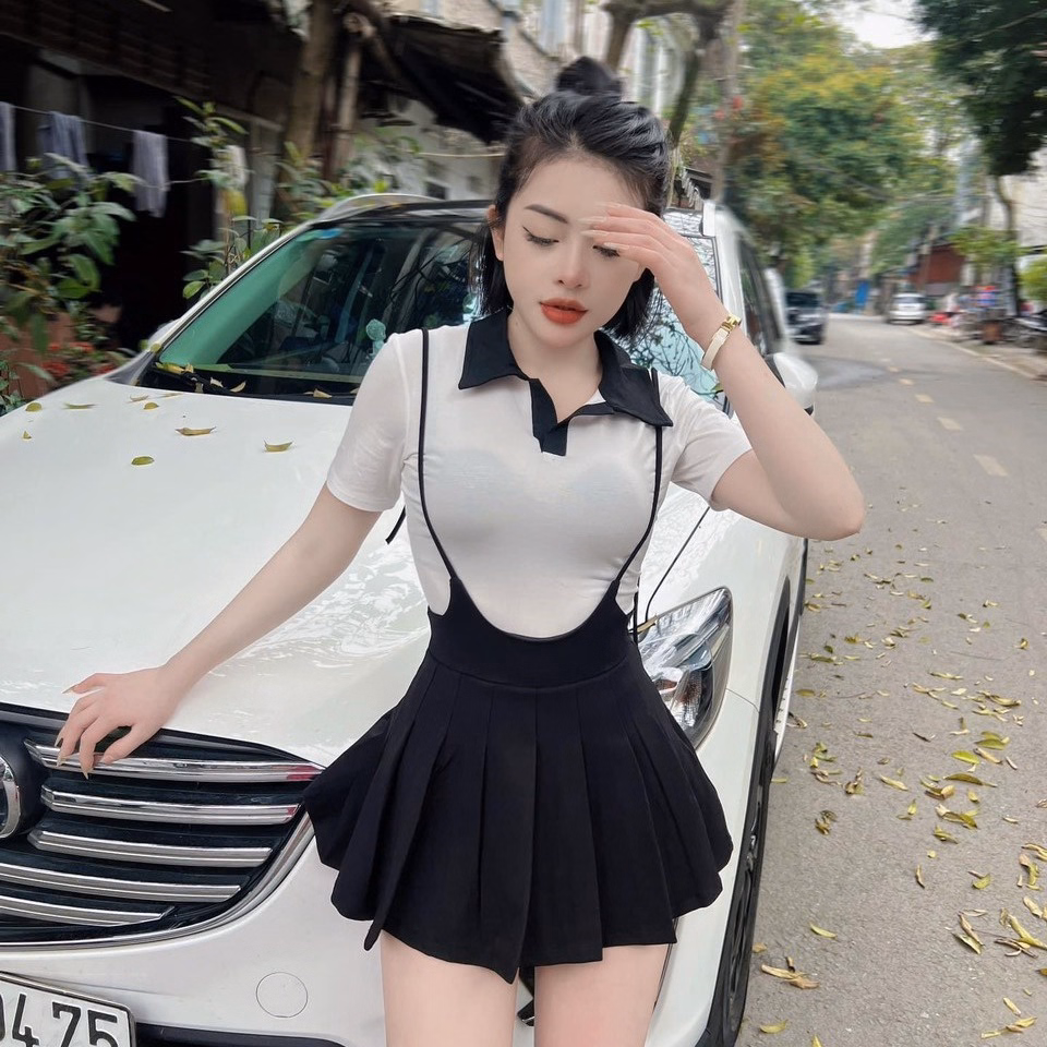 Set Yếm Xòe Xếp Ly Phối Áo Cổ Cao Tay Lỡ - Ausa House - Ảnh 3