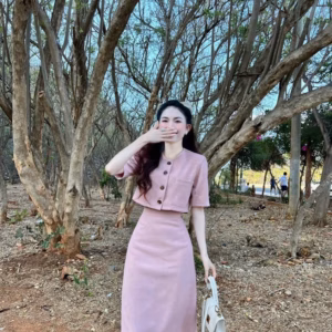 Set Bộ Váy Nữ Áo Crotop Đính Nút Mix Chân Váy Dài Dd015 - Nana House