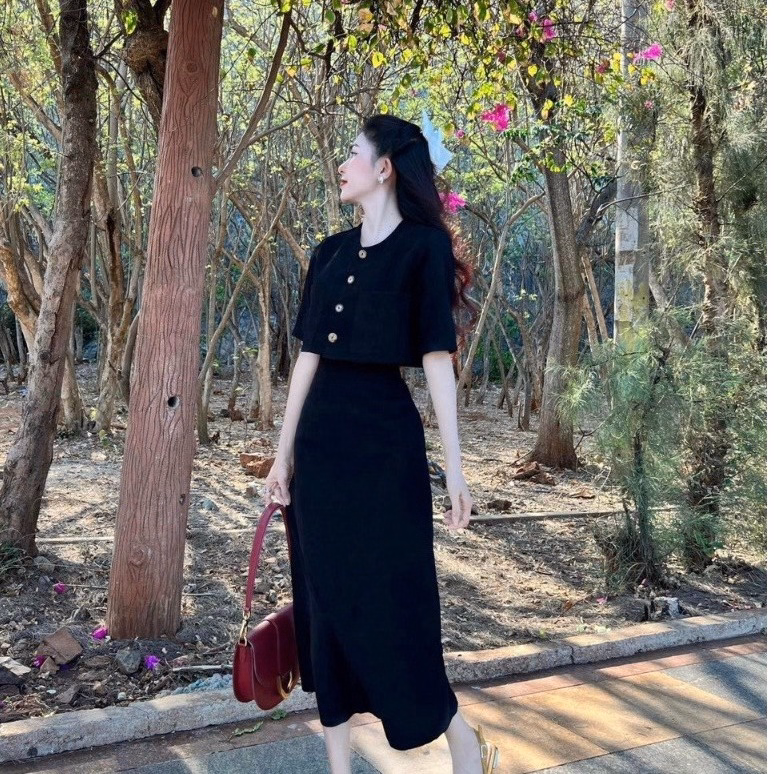 Set Bộ Váy Nữ Áo Crotop Đính Nút Mix Chân Váy Dài Dd015 - Nana House - Ảnh 3