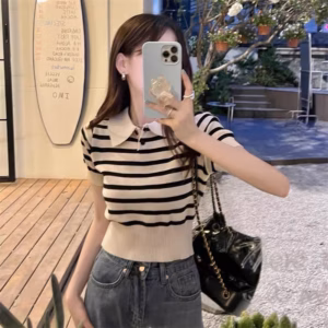 Áo Len Cộc Tay Kẻ Ngang, Cổ Polo Bẻ Khối 2 Khuy Cúc Phong Cách Hàn Quốc Cực Xịn Sldca158 - Diepchi Fashion