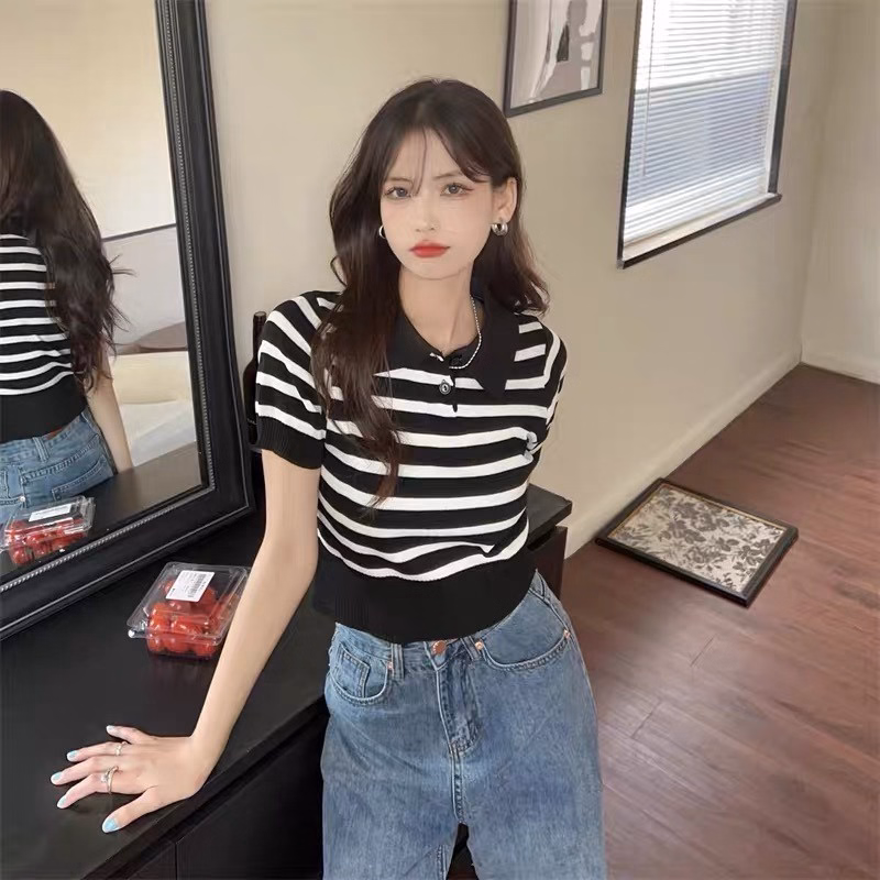 Áo Len Cộc Tay Kẻ Ngang, Cổ Polo Bẻ Khối 2 Khuy Cúc Phong Cách Hàn Quốc Cực Xịn Sldca158 - Diepchi Fashion - Ảnh 3