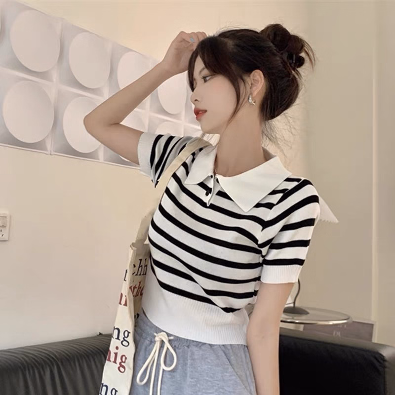 Áo Len Cộc Tay Kẻ Ngang, Cổ Polo Bẻ Khối 2 Khuy Cúc Phong Cách Hàn Quốc Cực Xịn Sldca158 - Diepchi Fashion - Ảnh 6
