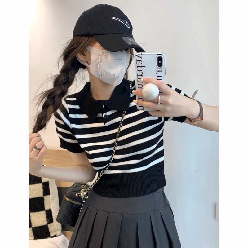 Áo Len Cộc Tay Kẻ Ngang, Cổ Polo Bẻ Khối 2 Khuy Cúc Phong Cách Hàn Quốc Cực Xịn Sldca158 - Diepchi Fashion - Ảnh 9