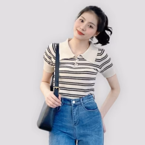 Áo Montoghi Cổ Bẻ Họa Tiết Kẻ Ngang Nhiều Màu Sldca135- Diepchi Fashion