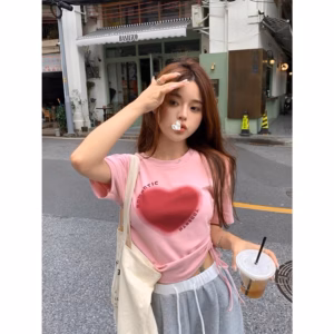 Áo Thun Nữ Cộc Tay Có Dây Rút Sườn Phối Họa Tiết Trái Tim Slcxa161 - Chipxinhxk