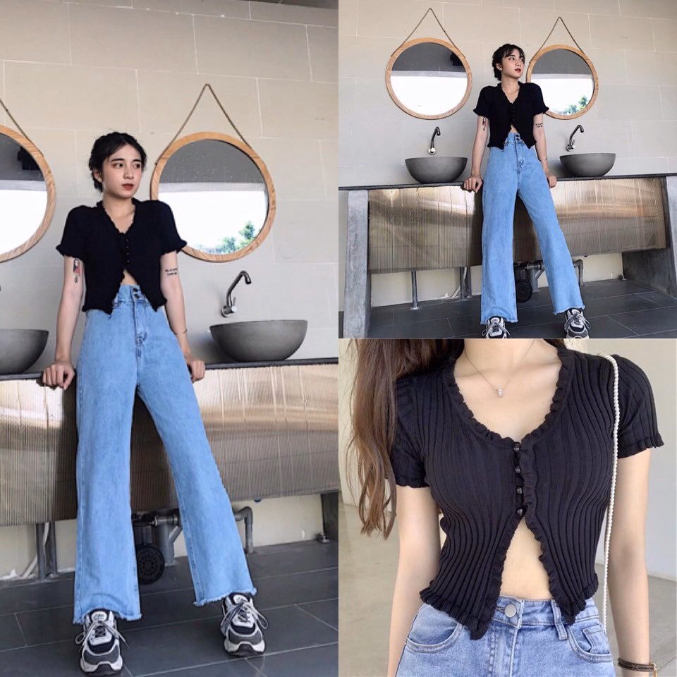 Áo Len Cổ V Dáng Croptop Viền Bèo Cực Xinh Sldca100 - Diepchi Fashion - Ảnh 2
