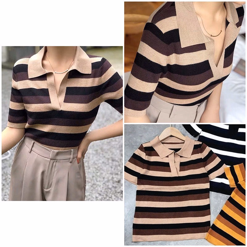 Áo Len Cộc Tay Cổ Đức Họa Tiết Kẻ Sọc To 3 Màu Cực Chất Sldca162 - Diepchi Fashion - Ảnh 5