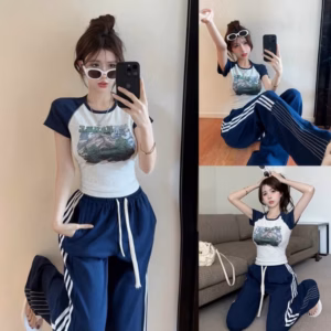 Set Bộ Đồ Nữ Áo Thun Body In Họa Tiết Mix Quần Ống Suông Phối Viền Sọc Bt608 - Nana House