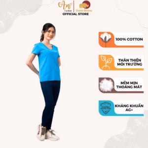 Áo Thun Nữ Cổ Tim Xanh Da Trời 100% Cotton Cao Cấp - Gold Rhino