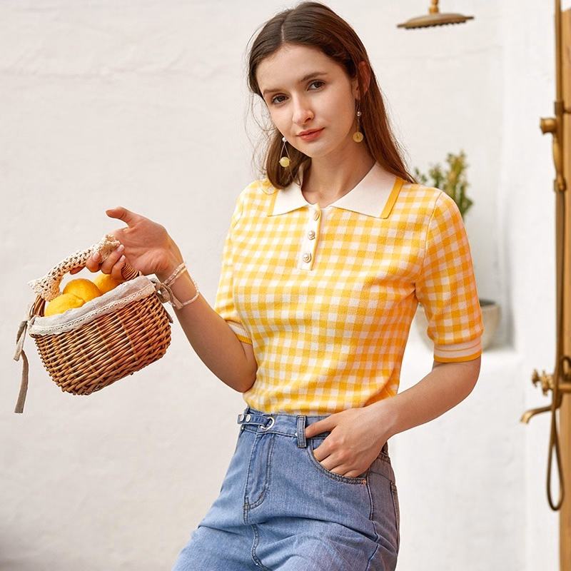 Áo Len Cộc Tay Cổ Bẻ Họa Tiết Kẻ Caro Phối Khuy Độc Đáo Sldca168 - Diepchi Fashion