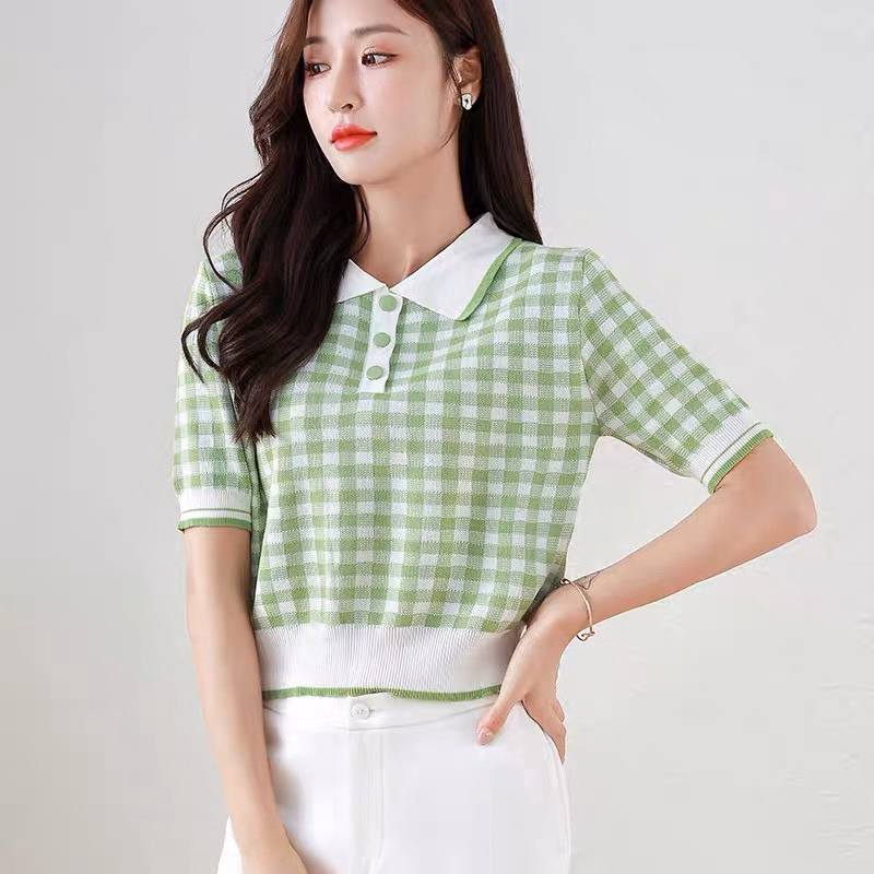 Áo Len Cộc Tay Cổ Bẻ Họa Tiết Kẻ Caro Phối Khuy Độc Đáo Sldca168 - Diepchi Fashion - Ảnh 2