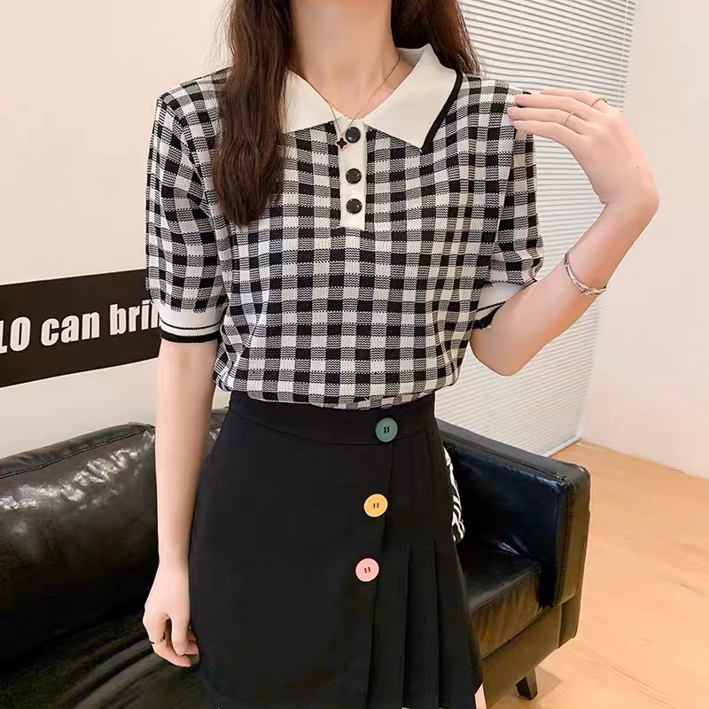 Áo Len Cộc Tay Cổ Bẻ Họa Tiết Kẻ Caro Phối Khuy Độc Đáo Sldca168 - Diepchi Fashion - Ảnh 3