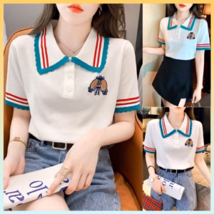 Áo Len Ngắn Tay Viền Cổ Viền Tay Thêu Hình Cô Gái Sldca127 - Diepchi Fashion