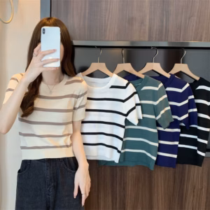 Áo Len Croptop Ngắn Tay Họa Tiết Kẻ Sọc Màu Sắc Tương Phản Sldca184 - Diepchi Fashion