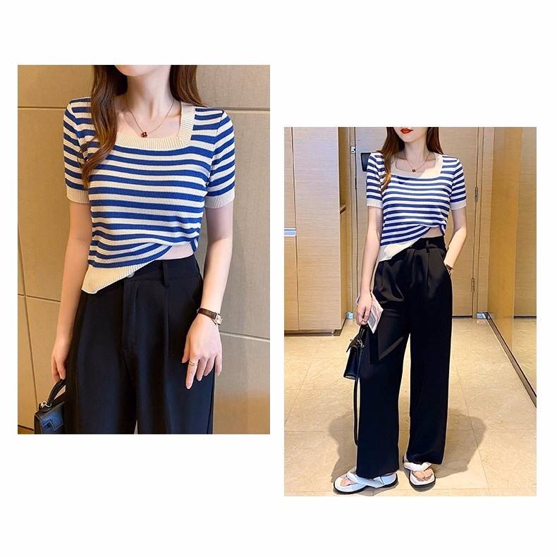 Áo Len Cộc Tay Cổ Vuông Họa Tiết Kẻ Phong Cách Hàn Quốc Slcxa181 - Chipxinhxk - Ảnh 2