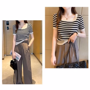 Áo Len Cộc Tay Cổ Vuông Họa Tiết Kẻ Phong Cách Hàn Quốc Slcxa181 - Chipxinhxk