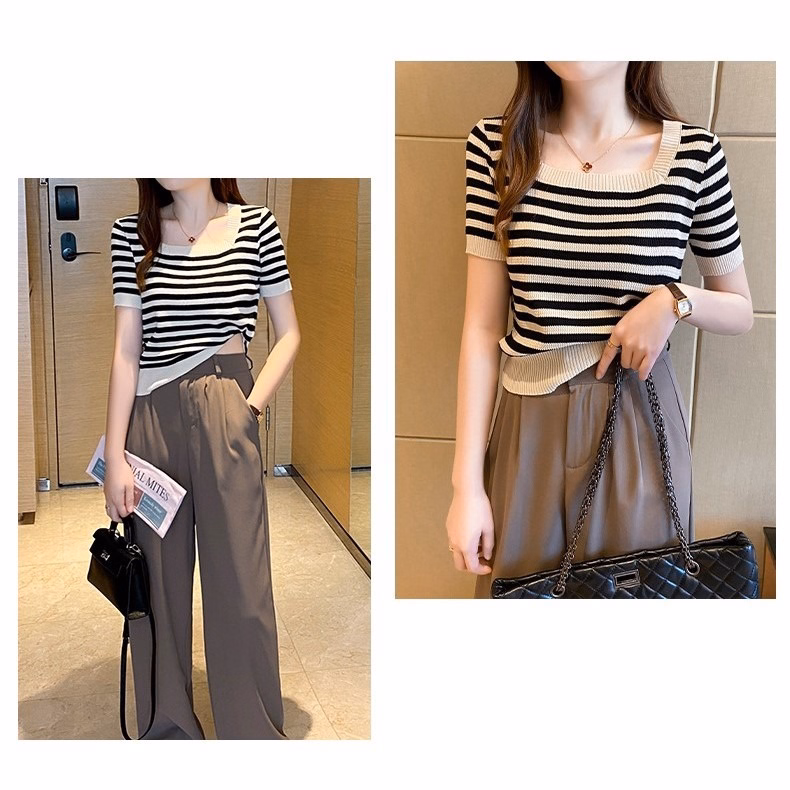 Áo Len Cộc Tay Cổ Vuông Họa Tiết Kẻ Phong Cách Hàn Quốc Slcxa181 - Chipxinhxk