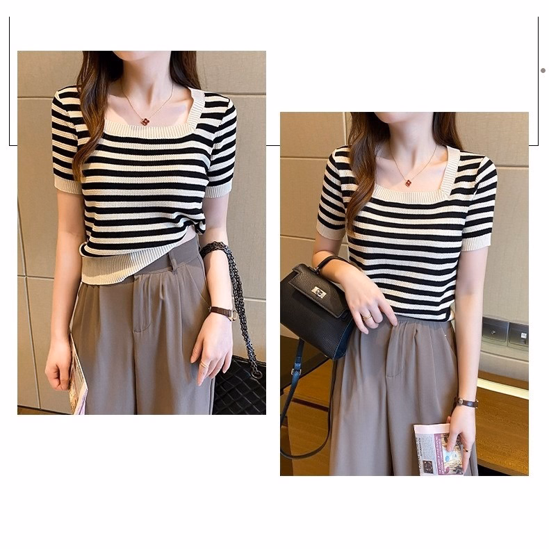 Áo Len Cộc Tay Cổ Vuông Họa Tiết Kẻ Phong Cách Hàn Quốc Slcxa181 - Chipxinhxk - Ảnh 5